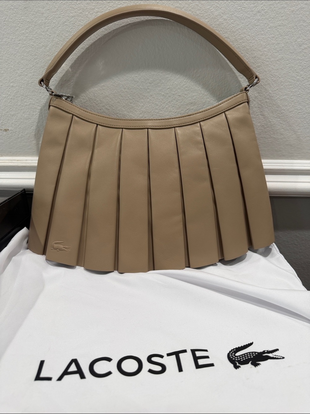 Lacoste Pleated Shoulder Bag in Beige